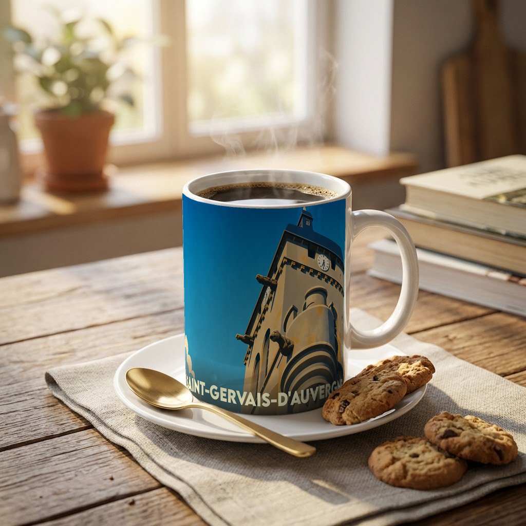 Mug souvenir de la ville de Saint-Gervais-d'Auvergne orné d'une illustration stylisée de son architecture.