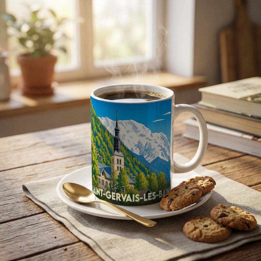 Mug souvenir de la ville de Saint-Gervais-les-Bains avec une illustration stylisée de son église et des montagnes enneigées.
