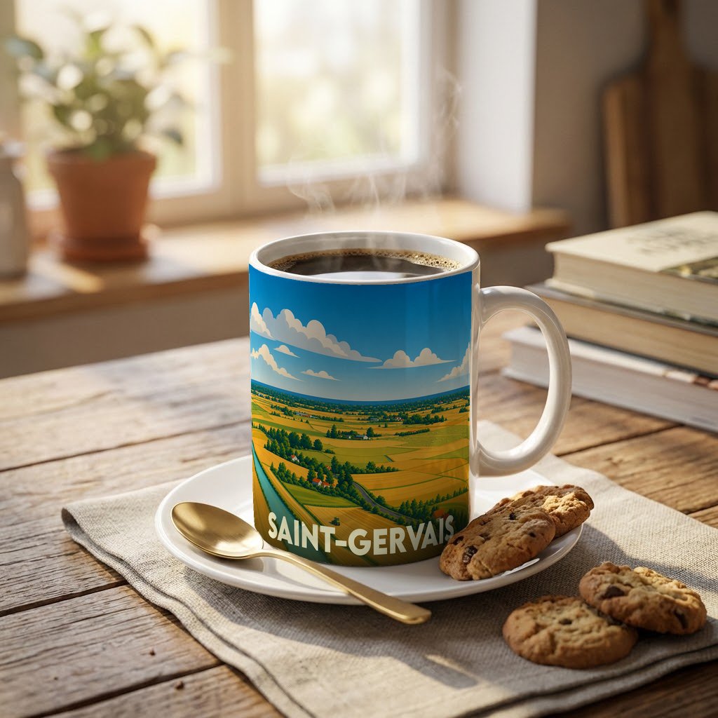 Mug souvenir de la ville de Saint-Gervais orné d'une illustration paysagère stylisée.