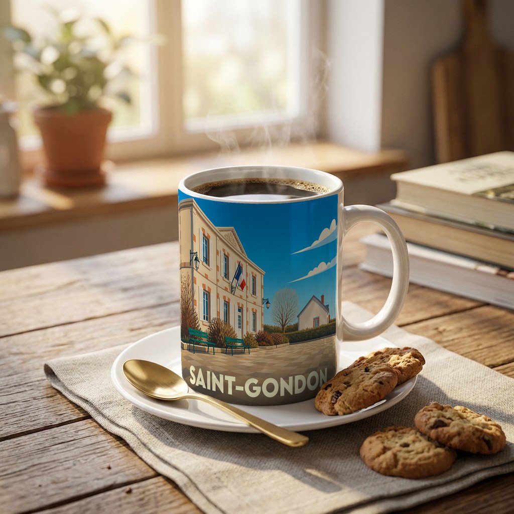 Mug souvenir de la ville de Saint-Gondon avec une illustration stylisée.