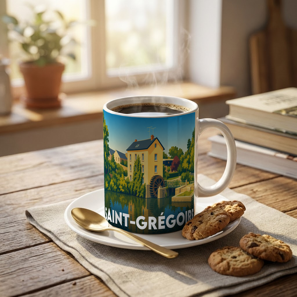 Mug souvenir de la ville de Saint-Grégoire avec une illustration stylisée.