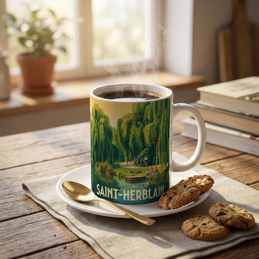 Mug souvenir de la ville de Saint-Herblain avec une illustration paysagère stylisée.