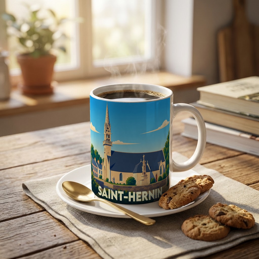 Mug souvenir de la ville de Saint-Hernin avec une illustration stylisée de son église.
