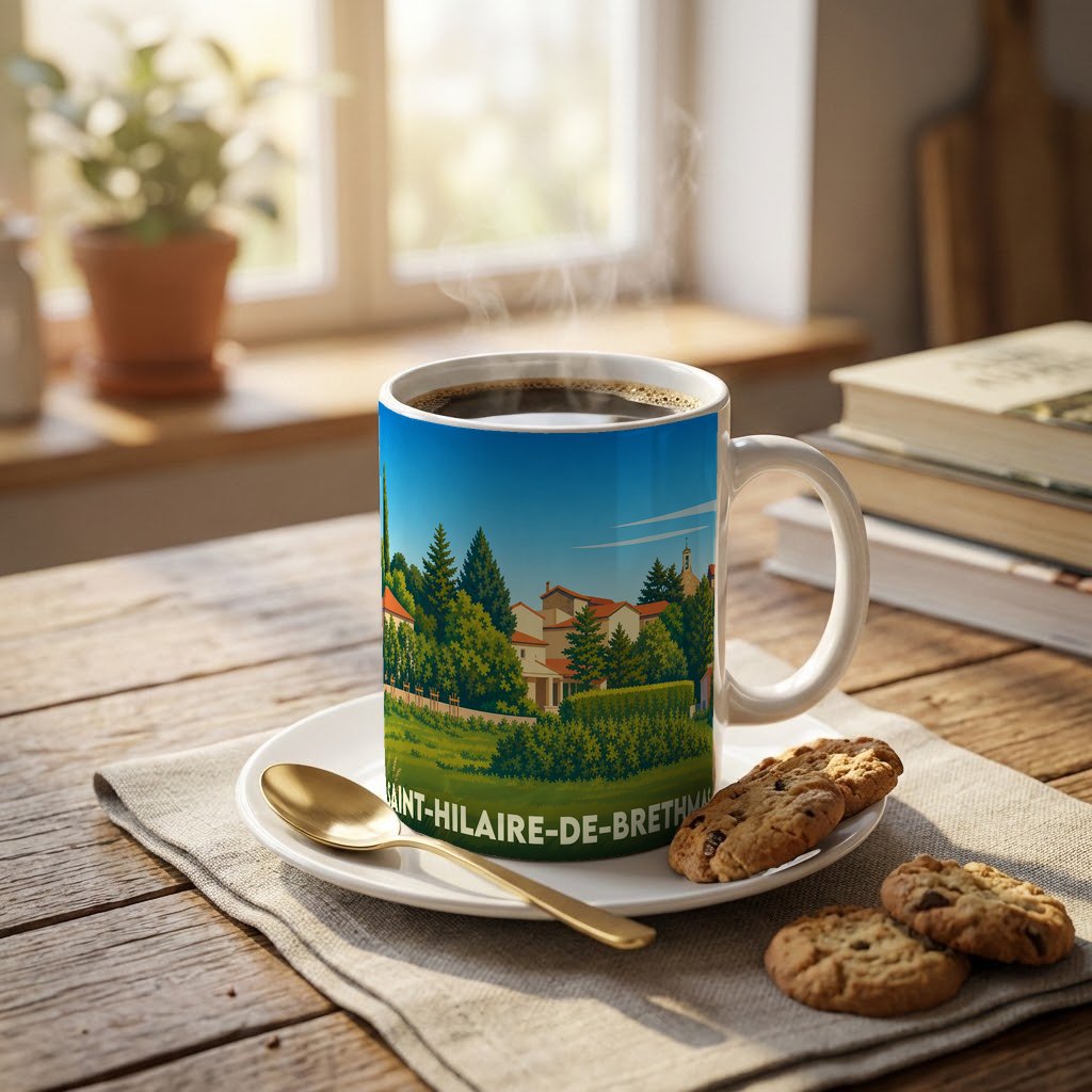 Mug souvenir de la ville de Saint-Hilaire-de-Brethmas avec une illustration stylisée de son paysage urbain.