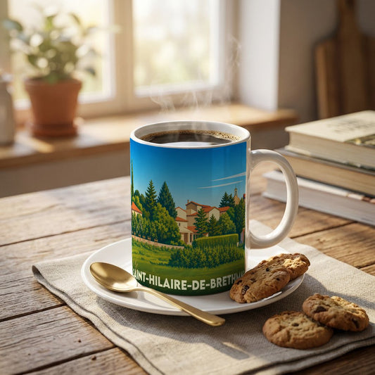 Mug souvenir de la ville de Saint-Hilaire-de-Brethmas avec une illustration stylisée de son paysage urbain.
