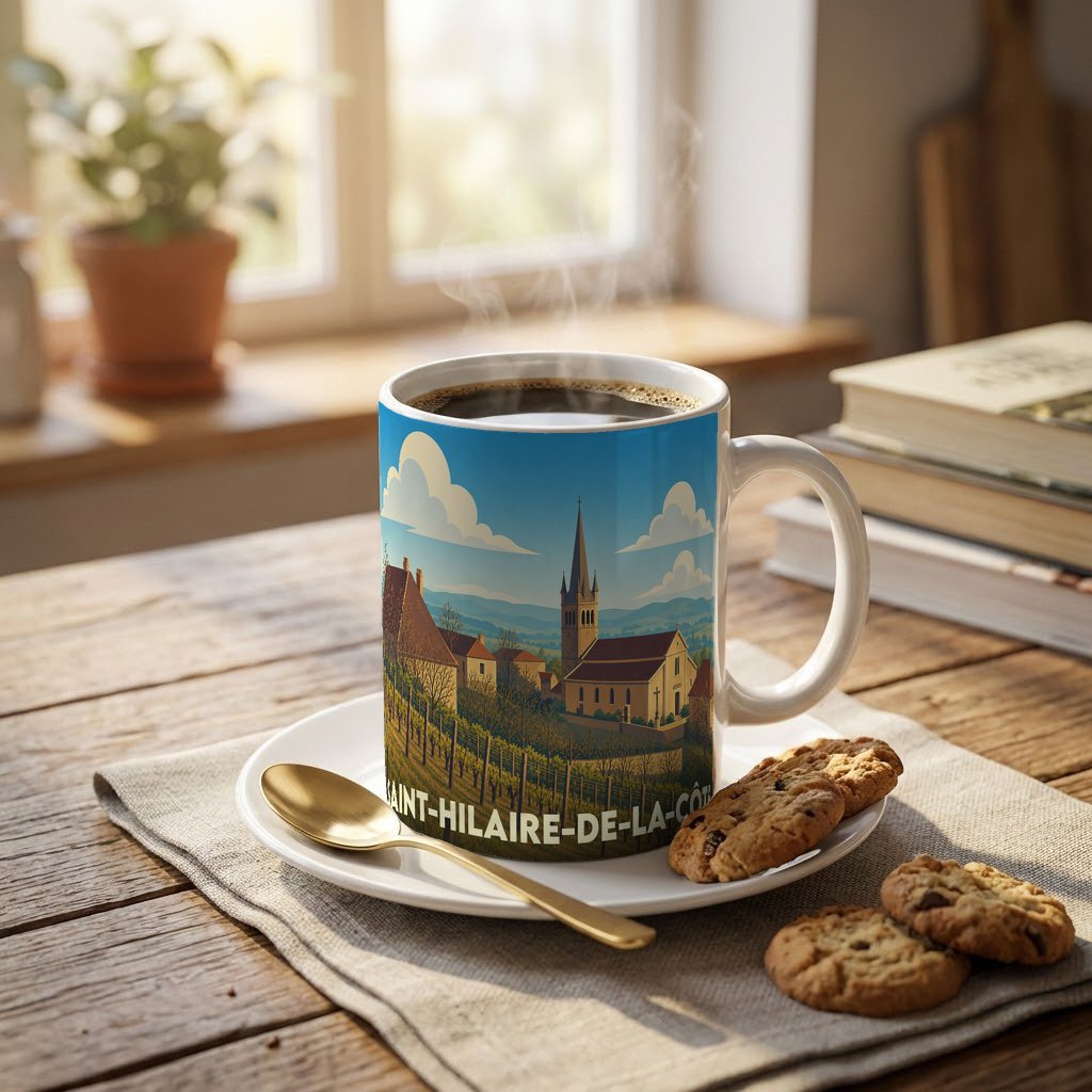 Mug souvenir de la ville de Saint-Hilaire-de-la-Côte avec une illustration stylisée d'un paysage de campagne.