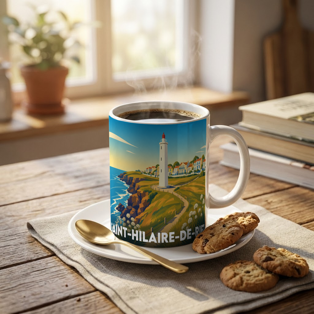 Mug souvenir de la ville de Saint-Hilaire-de-Riez avec une illustration stylisée d'un phare sur la côte.