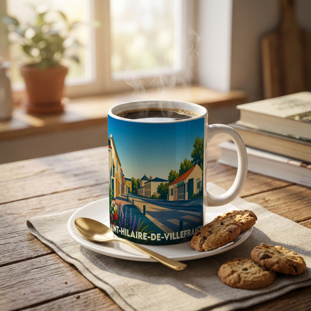 Mug souvenir de la ville de Saint-Hilaire-de-Villefranche avec une illustration stylisée.