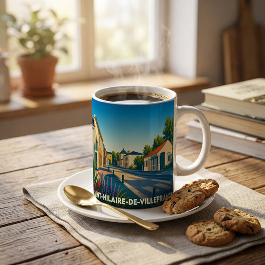 Mug souvenir de la ville de Saint-Hilaire-de-Villefranche avec une illustration stylisée.
