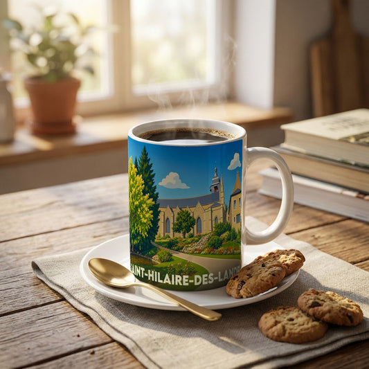 Mug souvenir de la ville de Saint-Hilaire-des-Landes avec une illustration stylisée de son église et de ses jardins.