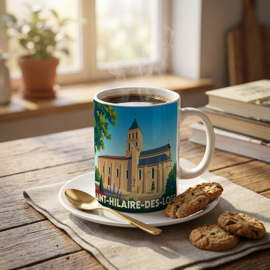 Mug souvenir de la ville de Saint-Hilaire-des-Loges avec une illustration stylisée de son église.