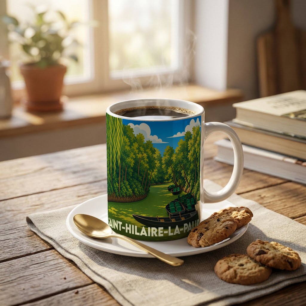 Mug souvenir de la ville de Saint-Hilaire-la-Palud avec une illustration stylisée du Marais poitevin.