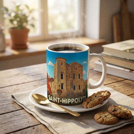 Mug souvenir de la ville de Saint-Hippolyte orné d'une illustration stylisée de son architecture historique.