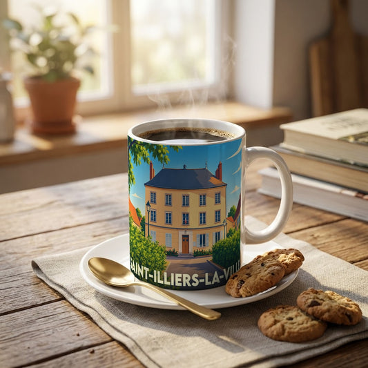 Mug souvenir de la ville de Saint-Illiers-la-Ville orné d'une illustration colorée et stylisée de sa mairie.