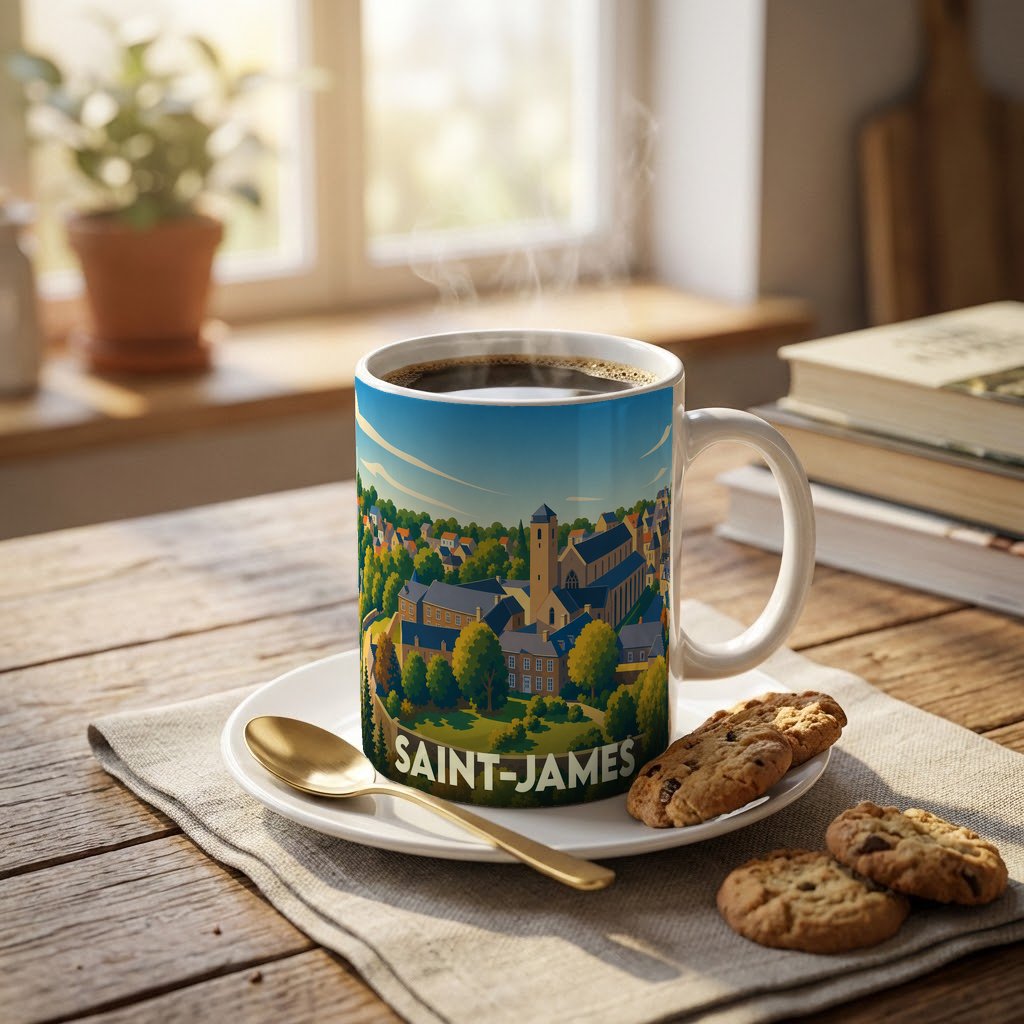 Mug souvenir de la ville de Saint-James avec une illustration stylisée et colorée.