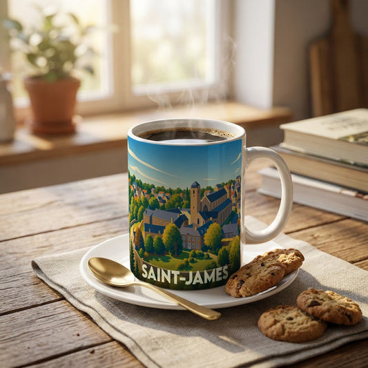 Mug souvenir de la ville de Saint-James avec une illustration stylisée et colorée.
