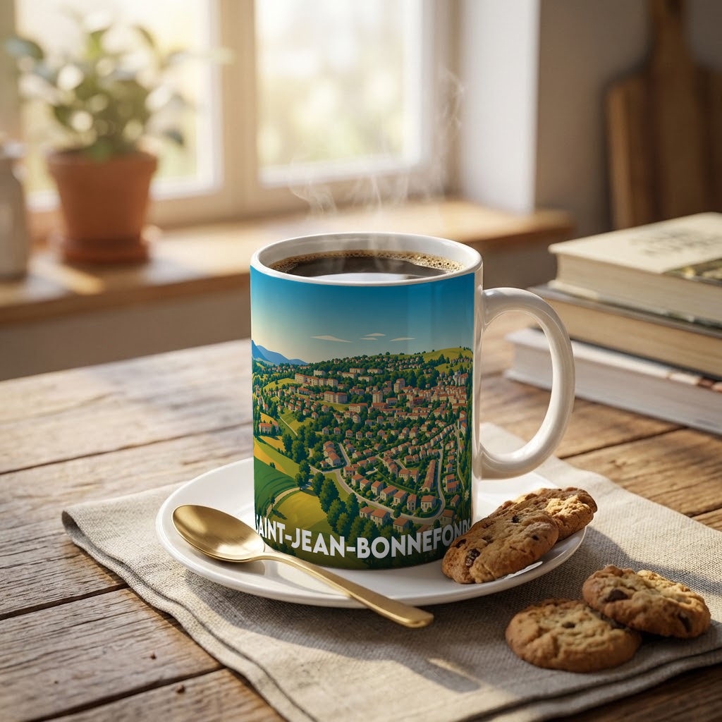 Mug souvenir de la ville de Saint-Jean-Bonnefonds avec une illustration stylisée d'un paysage urbain vallonné.