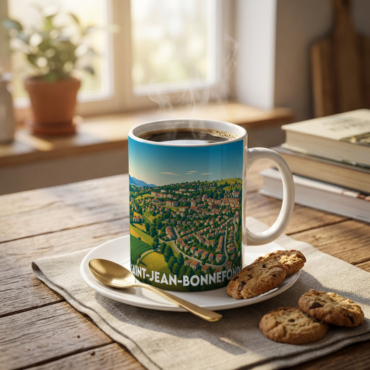 Mug souvenir de la ville de Saint-Jean-Bonnefonds avec une illustration stylisée d'un paysage urbain vallonné.