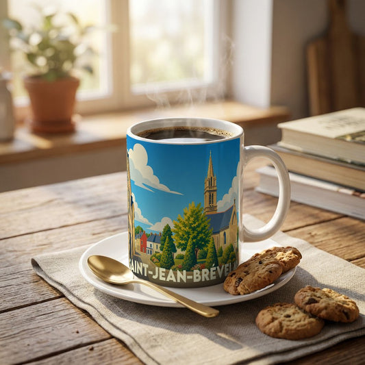 Mug souvenir de la ville de Saint-Jean-Brévelay avec une illustration stylisée.