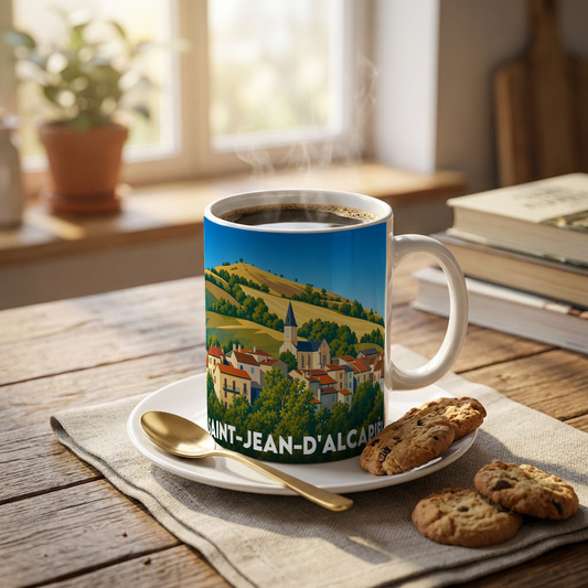 Mug souvenir de la ville de Saint-Jean-d'Alcapiès avec une illustration stylisée du village.