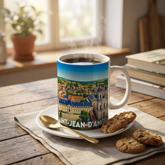 Mug souvenir de la ville de Saint-Jean-d'Angély avec une illustration stylisée.