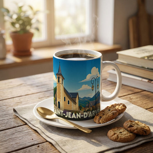 Mug souvenir de la commune de Saint-Jean-d'Arvey illustré d'un paysage de montagne et de son église.