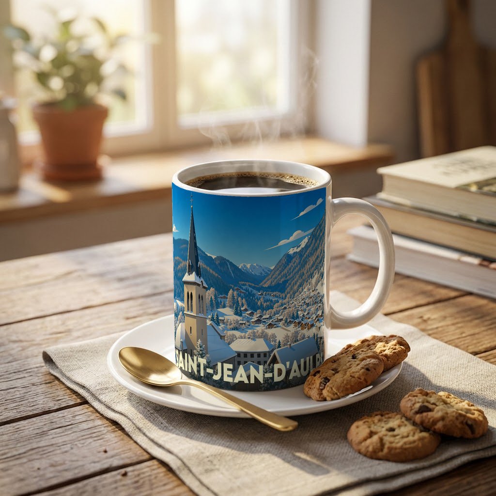 Mug souvenir de la ville de Saint-Jean-d'Aulps avec une illustration stylisée d'un village de montagne enneigé.