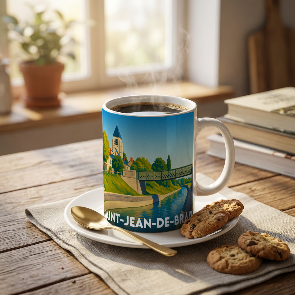 Mug souvenir de la ville de Saint-Jean-de-Braye avec une illustration stylisée.