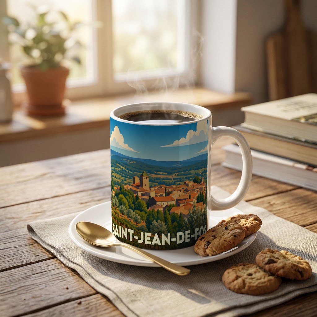 Mug souvenir de la ville de Saint-Jean-de-Fos avec une illustration stylisée de son paysage provençal.