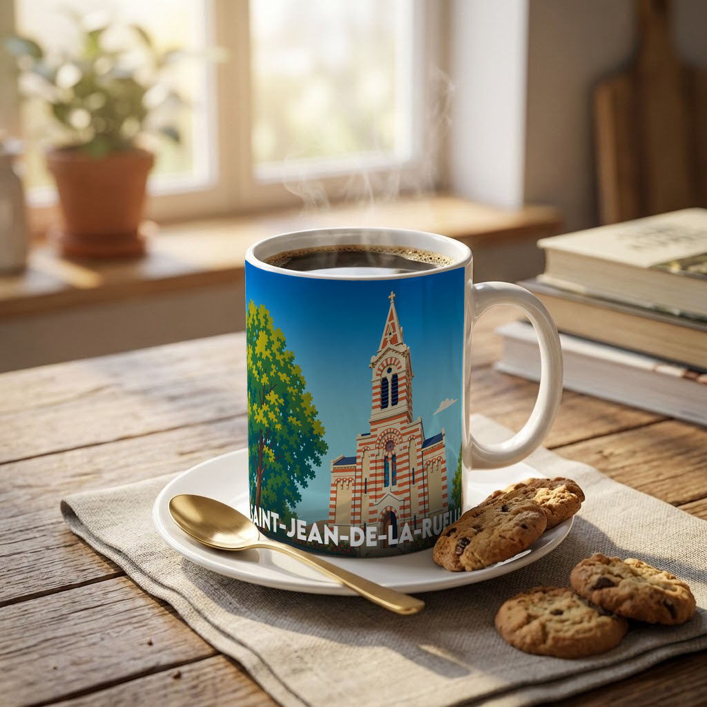 Mug souvenir de la ville de Saint-Jean-de-la-Ruelle avec une illustration stylisée de son église.