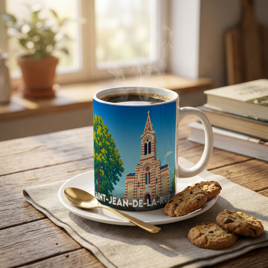 Mug souvenir de la ville de Saint-Jean-de-la-Ruelle avec une illustration stylisée de son église.