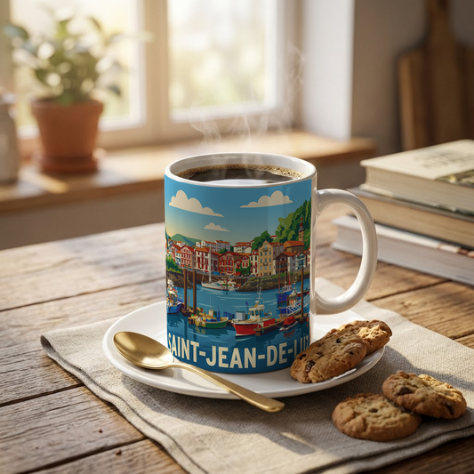Mug souvenir de la ville de Saint-Jean-de-Luz avec une illustration stylisée de son port.
