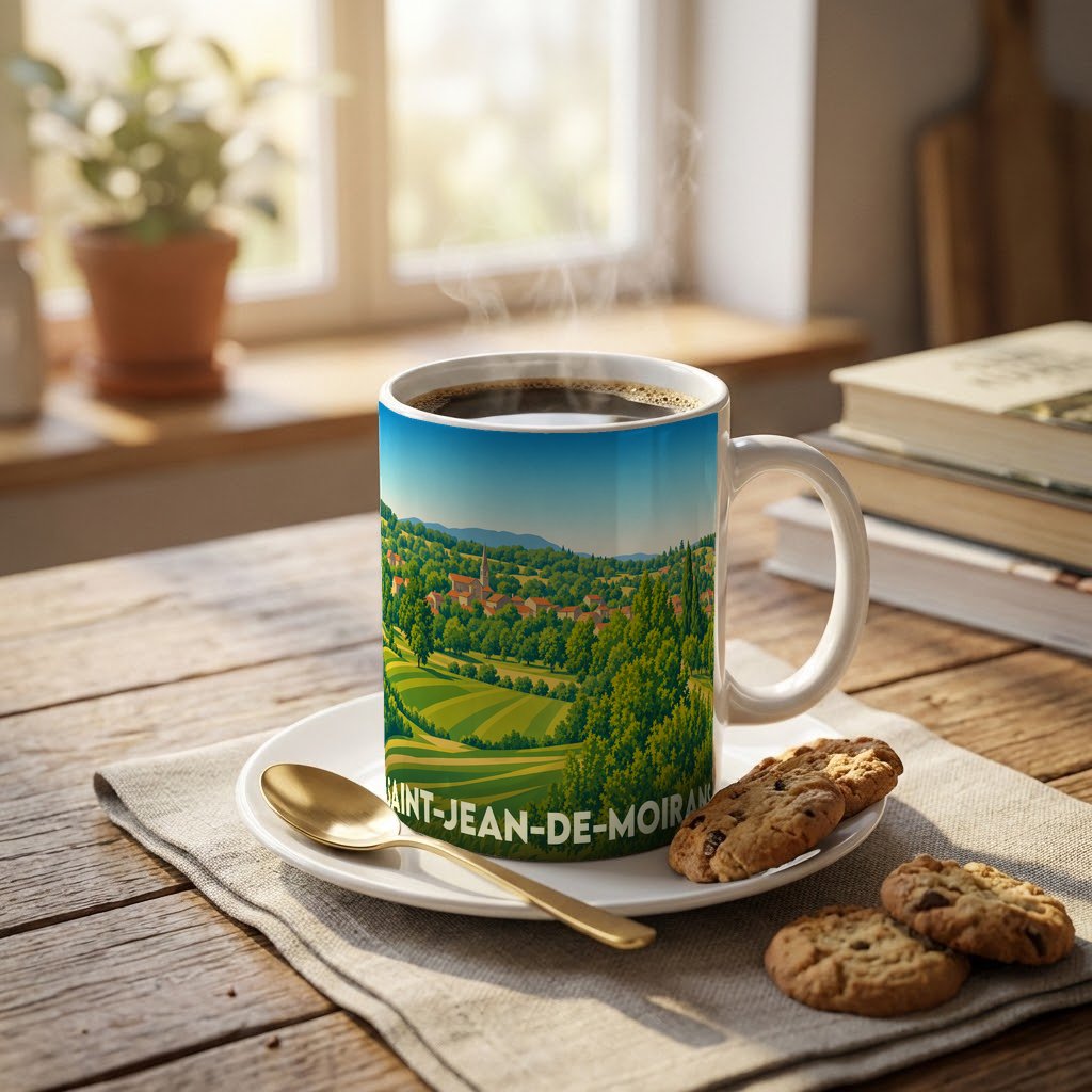 Mug souvenir de la ville de Saint-Jean-de-Moirans avec une illustration stylisée d'un paysage vallonné.