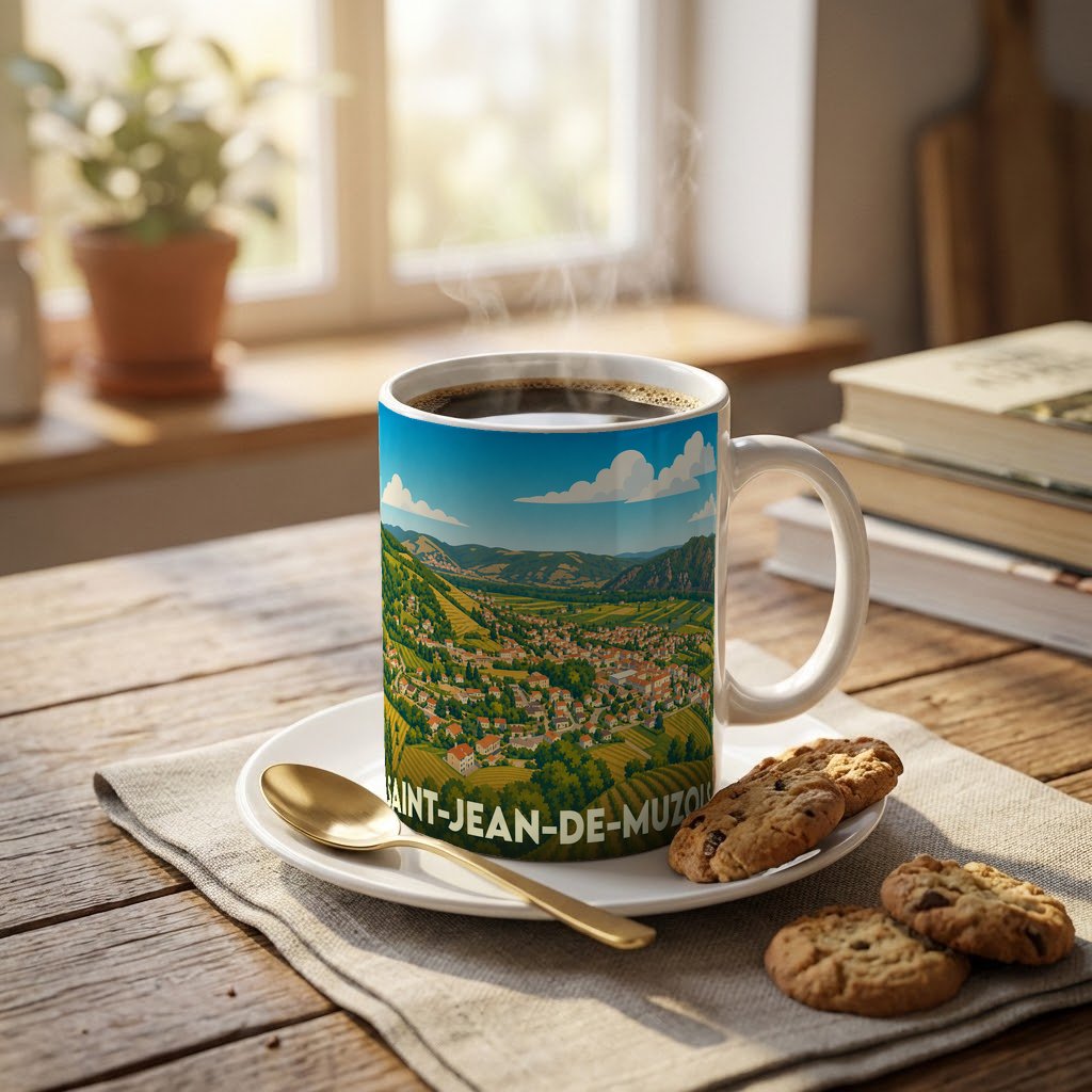 Mug souvenir de la ville de Saint-Jean-de-Muzols avec une illustration stylisée de ses paysages et vignobles.