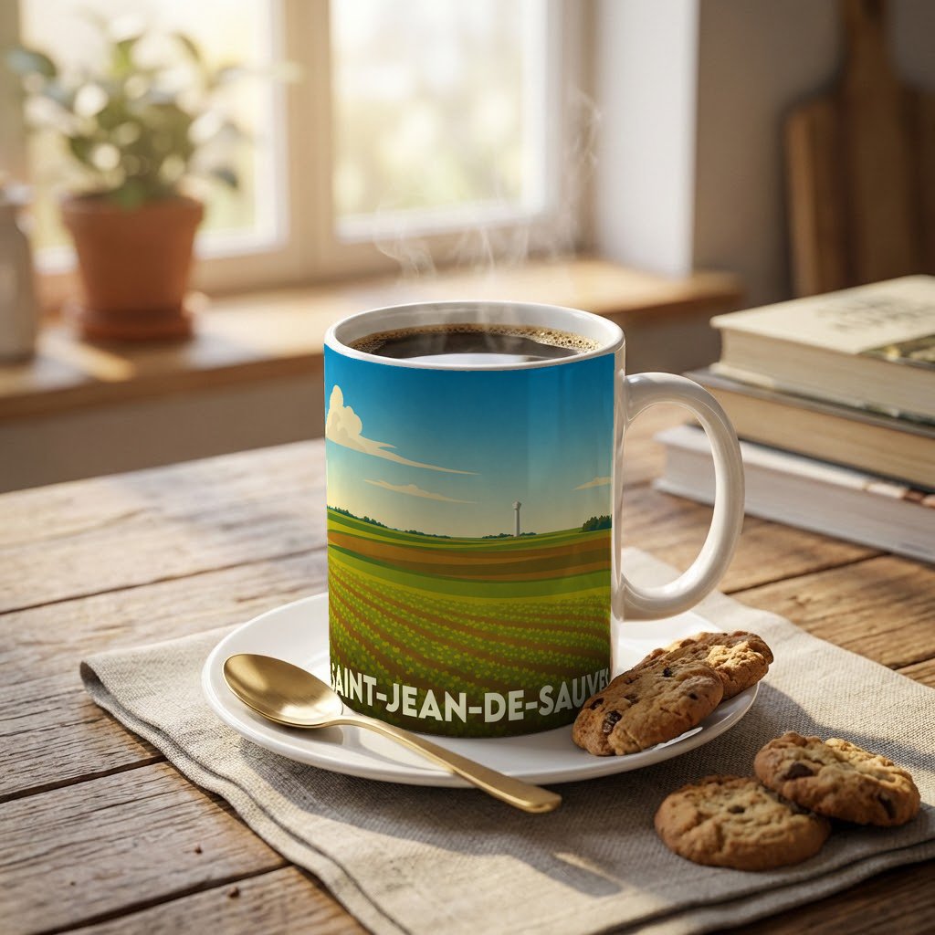 Mug souvenir de la ville de Saint-Jean-de-Sauves orné d'une illustration stylisée de paysages agricoles.