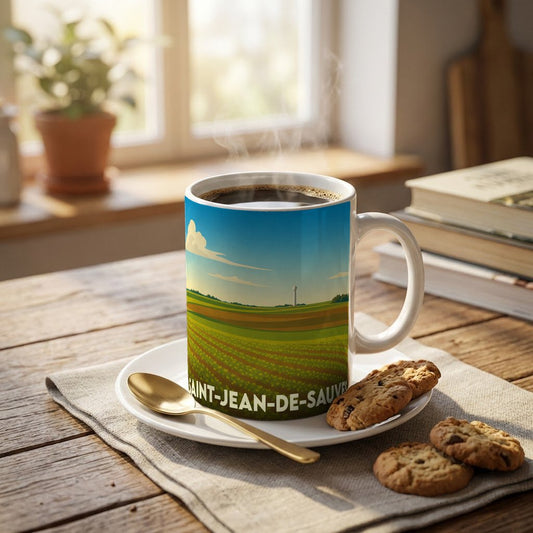 Mug souvenir de la ville de Saint-Jean-de-Sauves orné d'une illustration stylisée de paysages agricoles.