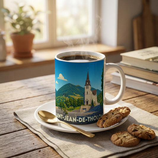 Mug souvenir de la ville de Saint-Jean-de-Tholome orné d'une illustration stylisée de son église et des montagnes environnantes.