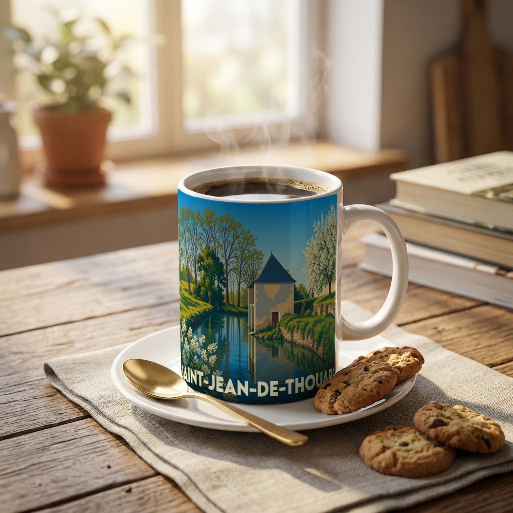 Mug souvenir de la ville de Saint-Jean-de-Thouars orné d'une illustration paysagère stylisée.