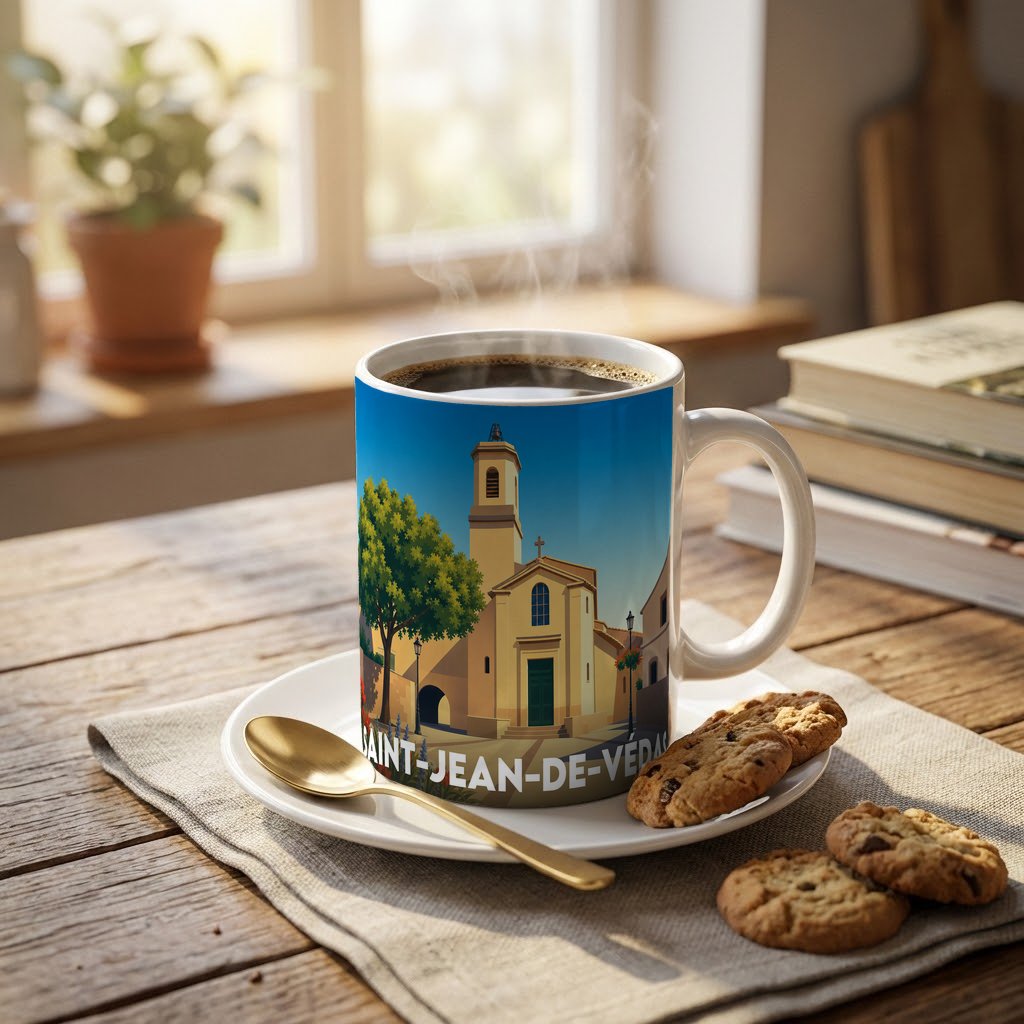 Mug souvenir de la ville de Saint-Jean-de-Védas avec une illustration stylisée de son église.