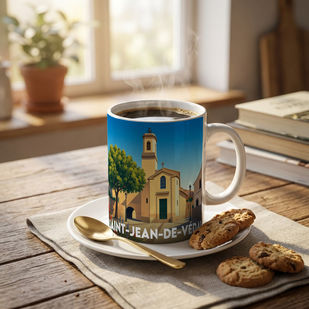 Mug souvenir de la ville de Saint-Jean-de-Védas avec une illustration stylisée de son église.