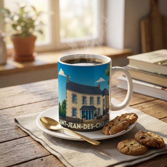 Mug souvenir de la ville de Saint-Jean-des-Champs orné d'une illustration stylisée de maison ancienne.