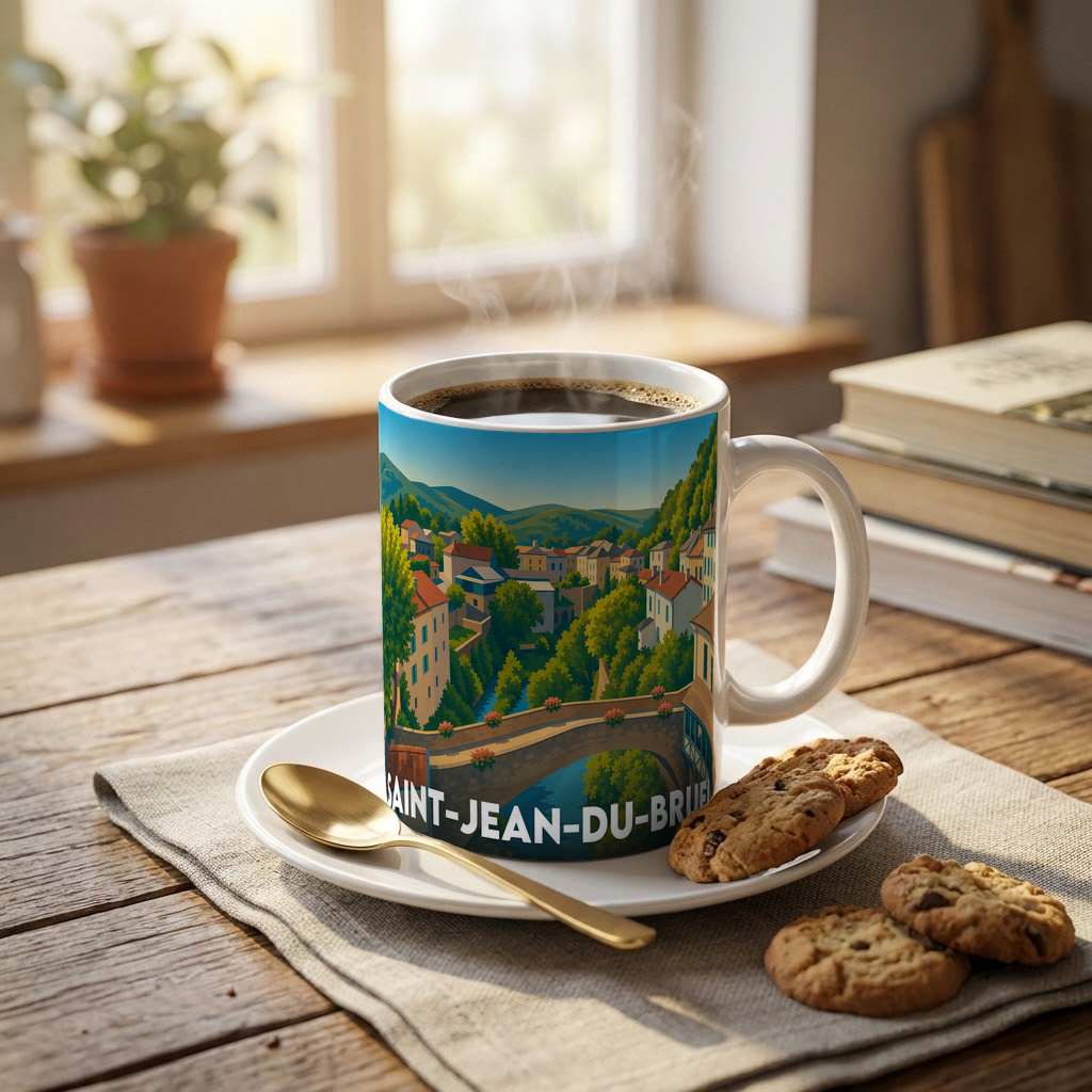 Mug souvenir de la ville de Saint-Jean-du-Bruel avec une illustration stylisée.
