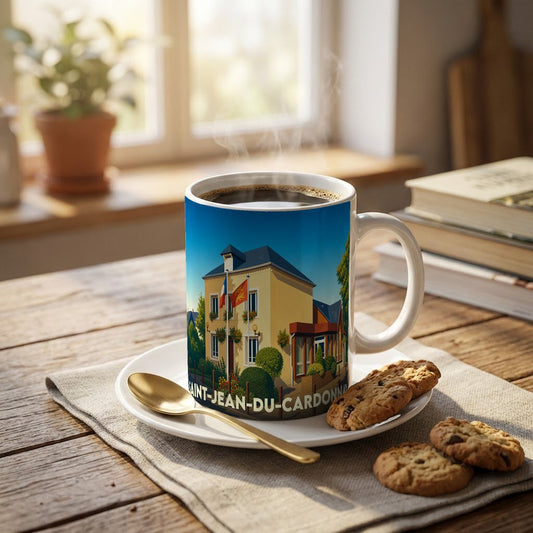 Mug souvenir de la ville de Saint-Jean-du-Cardonnay avec une illustration stylisée de sa mairie.