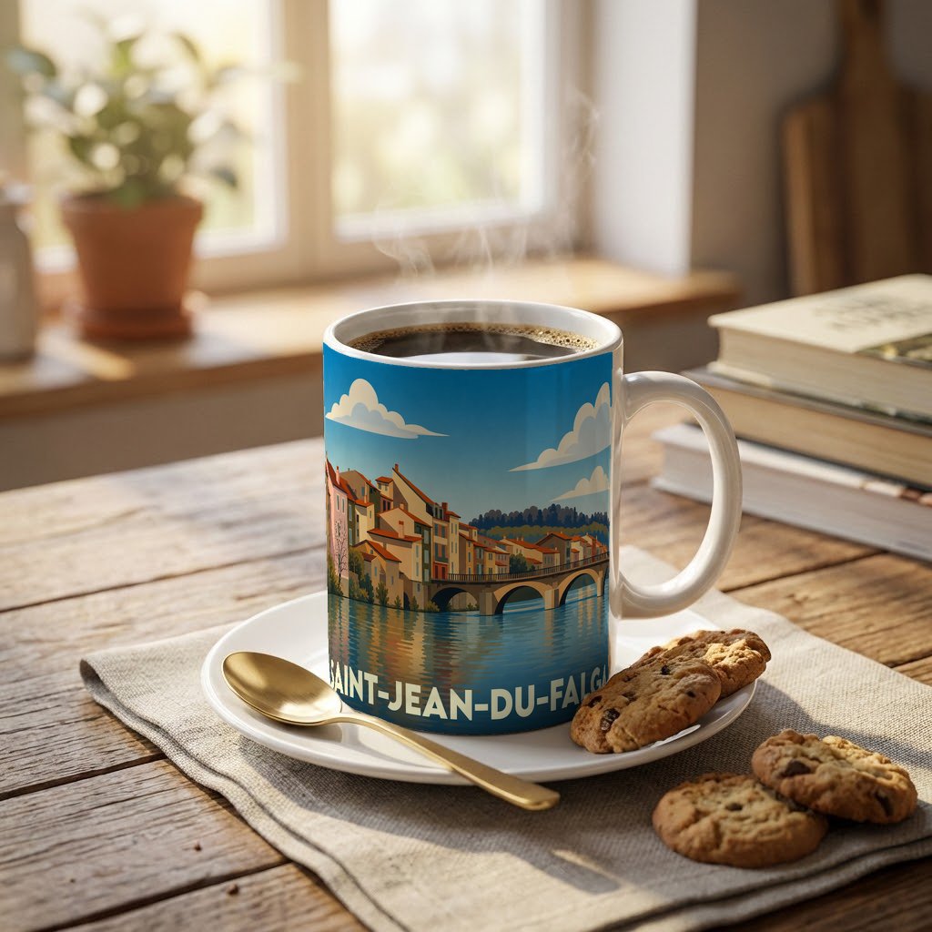 Mug souvenir de la ville de Saint-Jean-du-Falga avec une illustration stylisée d'un paysage urbain au bord de l'eau.