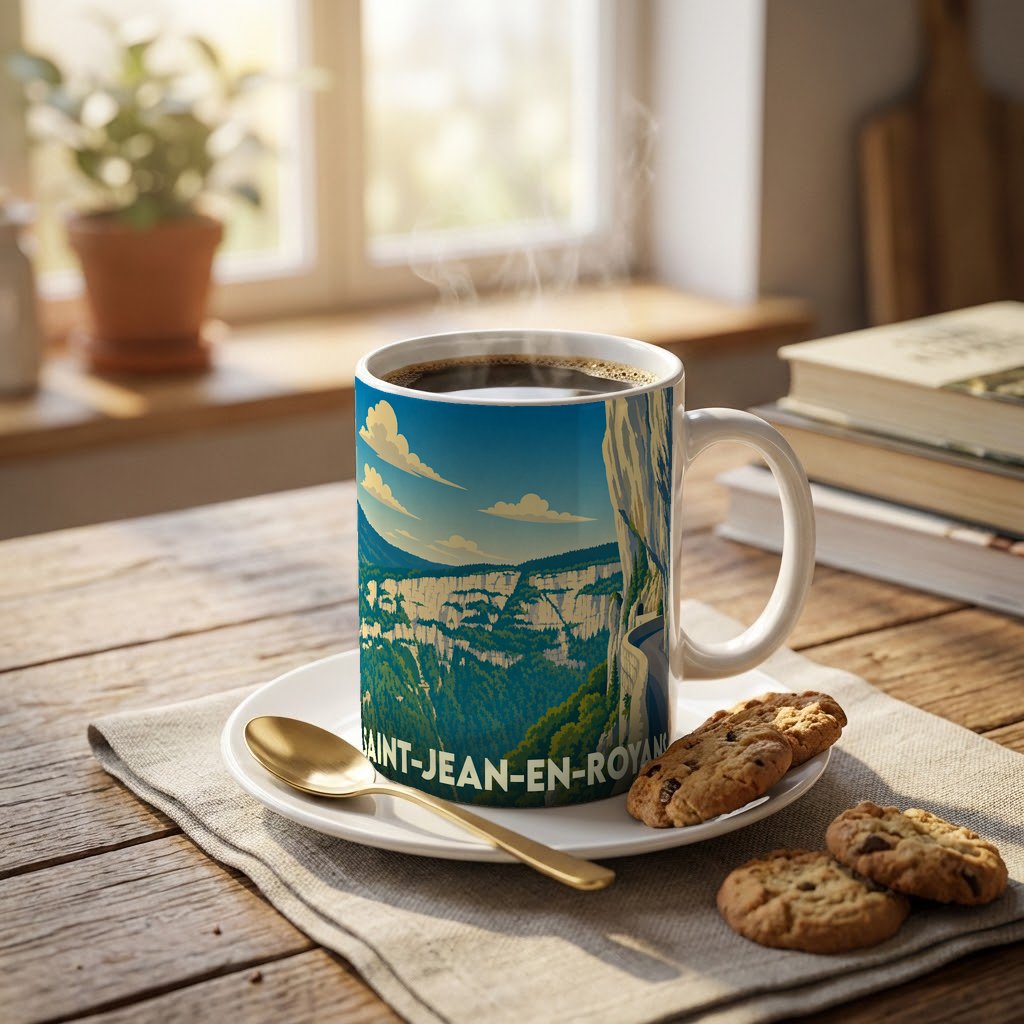 Mug souvenir de la ville de Saint-Jean-en-Royans avec une illustration stylisée d'un paysage de montagne.