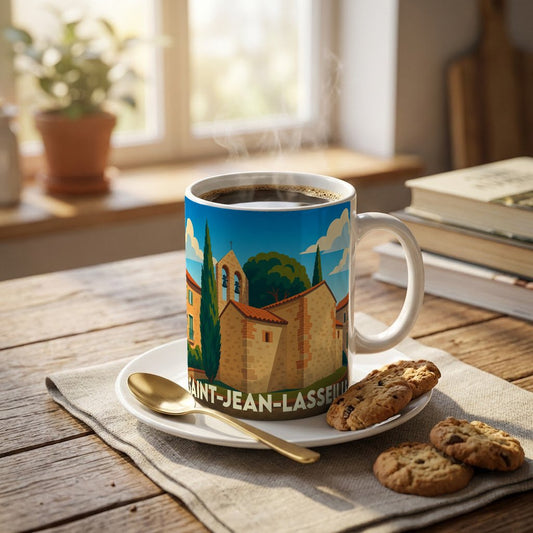 Mug souvenir de la ville de Saint-Jean-Lasseille orné d'une illustration stylisée de son église.