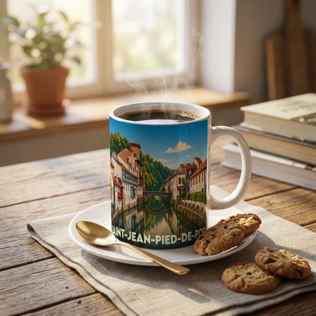 Mug souvenir de la ville de Saint-Jean-Pied-de-Port orné d'une illustration stylisée de ses bords de rivière et de son pont médiéval.