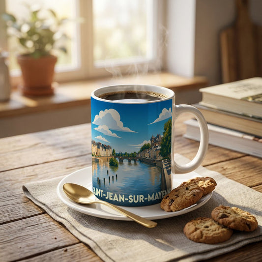 Mug souvenir de la ville de Saint-Jean-sur-Mayenne avec une illustration stylisée d'un pont sur la rivière.