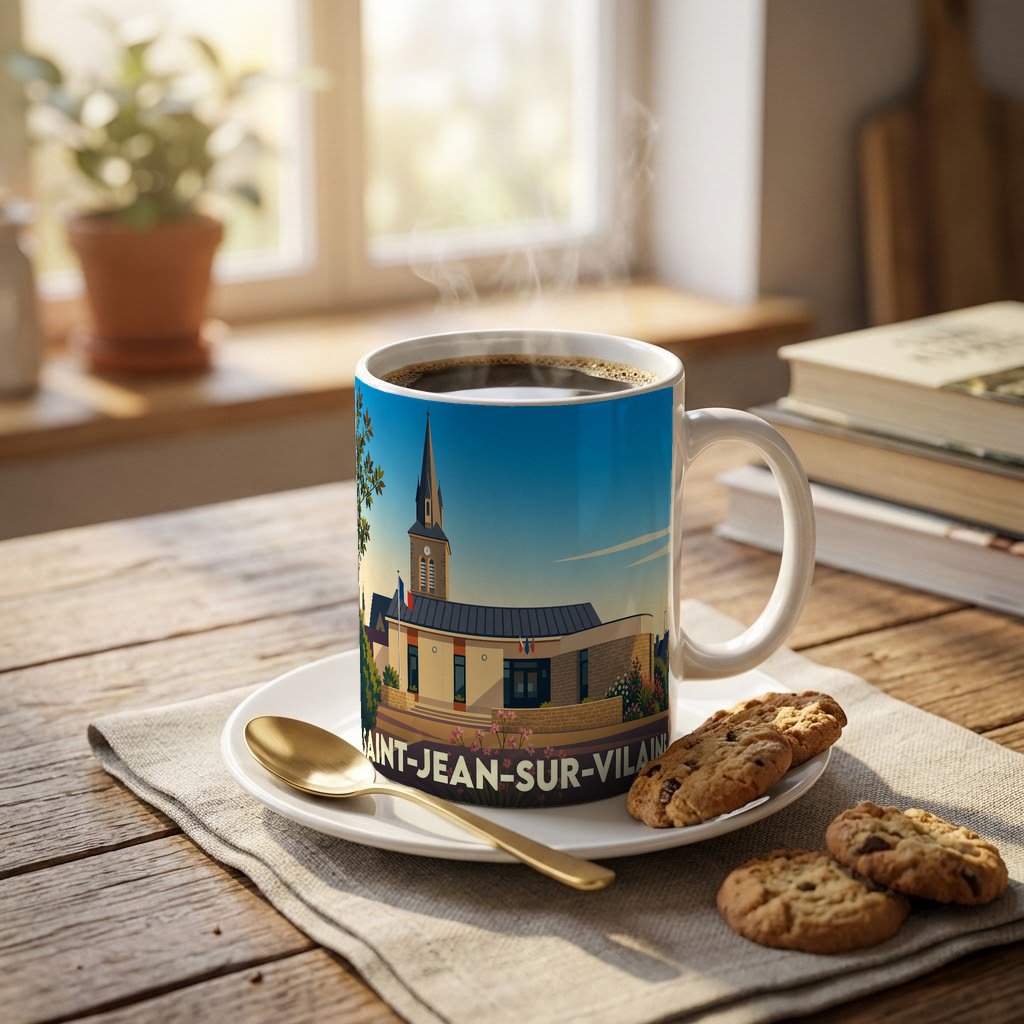 Mug souvenir de la ville de Saint-Jean-sur-Vilaine avec une illustration stylisée d'un bâtiment emblématique.