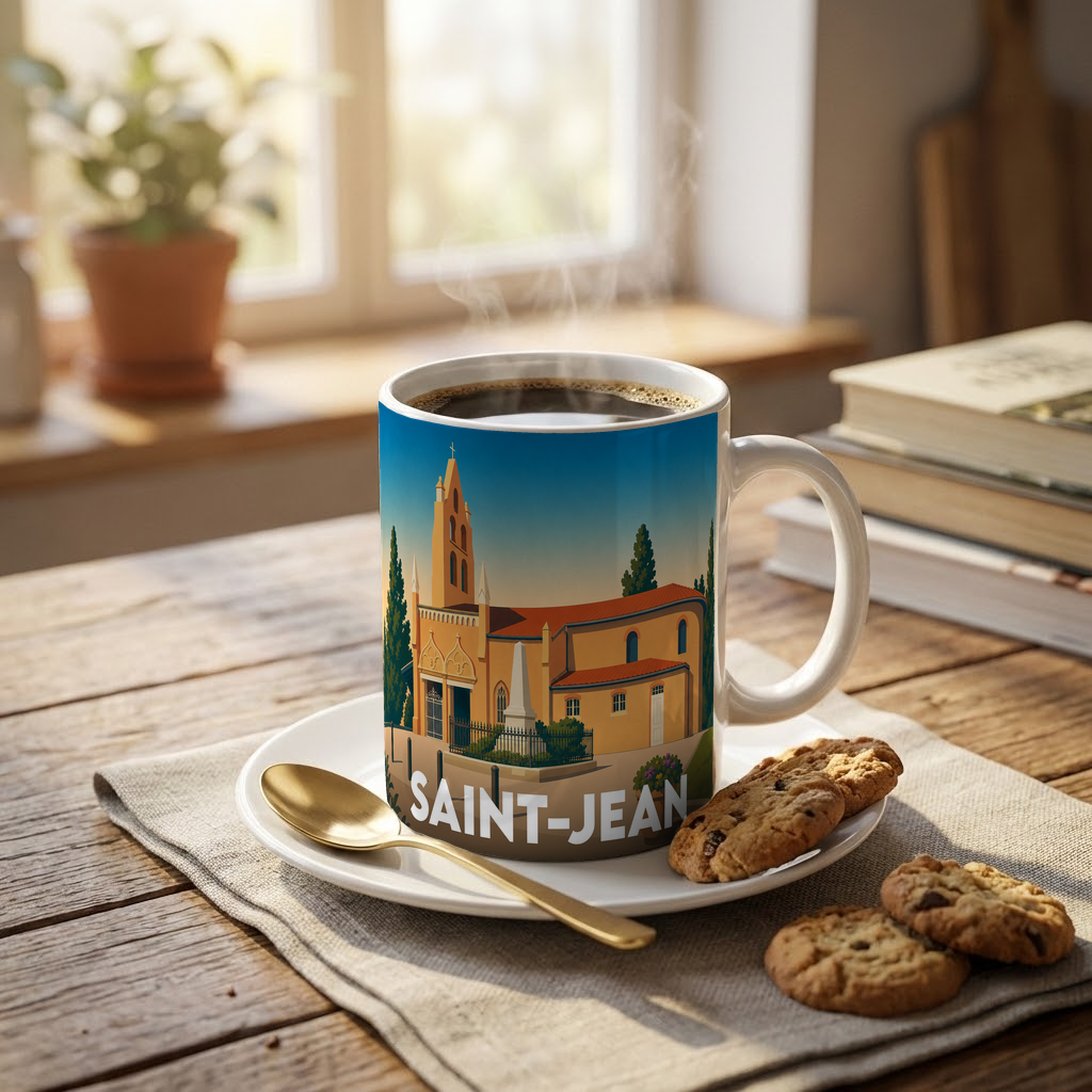 Mug souvenir de la ville de Saint-Jean avec une illustration stylisée de son église.